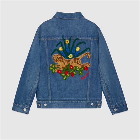 tiger embroidery gucci|Gucci Tiger denim jacket with embroidery in blue .